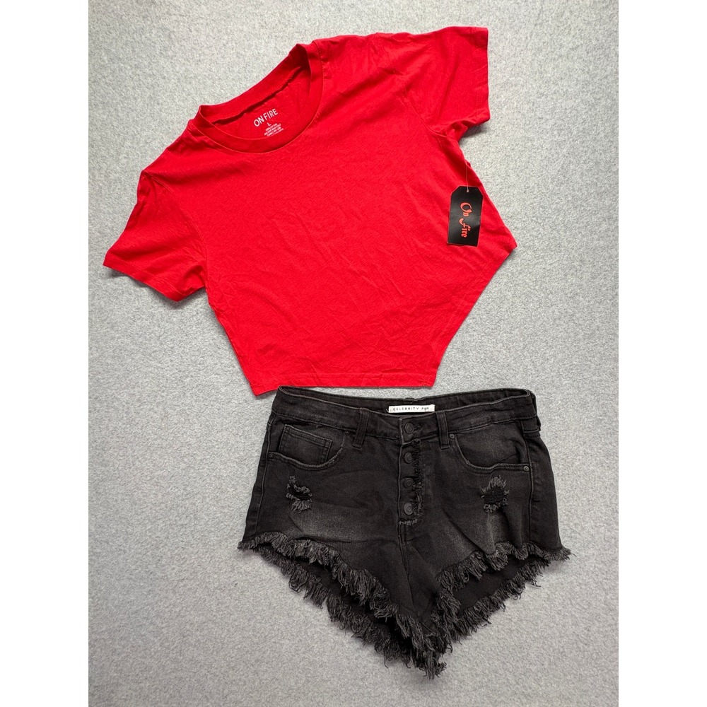 On Fire Red Crop Top & Celebrity Pink Distressed Black Denim Shorts Size L 11